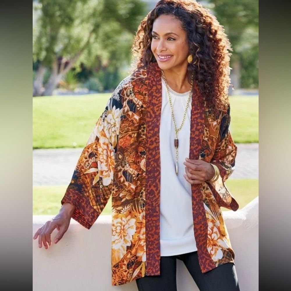 Soft Surroundings Ariah Kimono Cardigan Duster Orange Floral Sz S/M